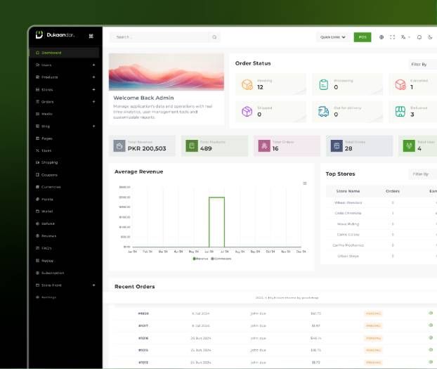 Super admin dashboard showing store analytics
