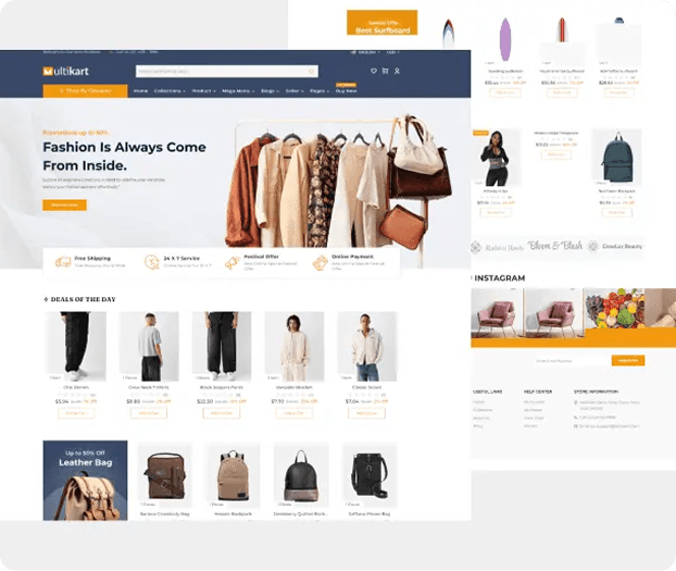 Fashion storefront preview with overlapping browser windows