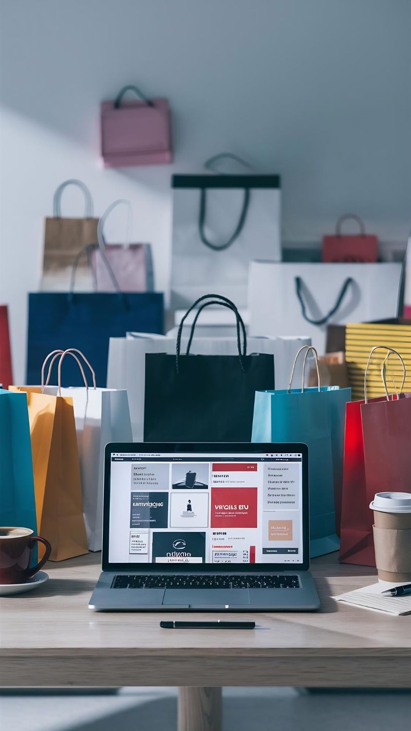 Dukaandar storefront preview on a laptop with shopping bags around it